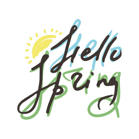 Hello Spring. Hand sketched badge typography icon. Lettering spring season for greeting card, invitation symbol. Retro, vintage lettering banner, poster, print, tag. Vector imageの写真素材