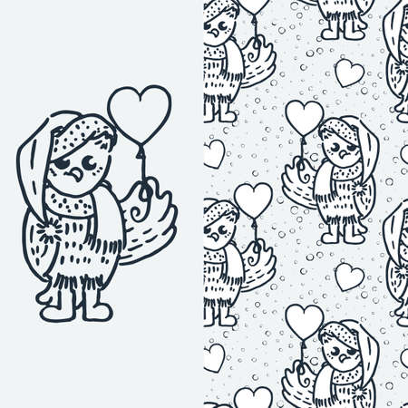Cute owlet with balloon. Cartoon hand drawn seamless vector illustration. Nice for t-shirt print, kids wear fashion design, clip-art, baby shower invitation cardsの写真素材