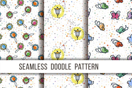 Set of cute seamless patterns. Cartoon hand drawn vector illustration. Nice for t-shirt print, kids wear fashion design, clip-art, baby shower invitation cardsのイラスト素材