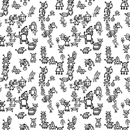 Abstract background with cute handdrawn robots in various emotions. Vector illustration. Nice use for valentines or kid birthday card, as labels, prints etcのイラスト素材
