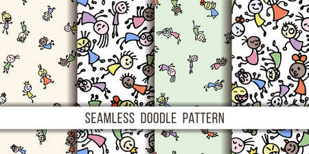 Set of seamless patterns with cute handdrawn girls in various emotions. Vector illustration. Nice use for valentines or kid birthday card, as labels, prints etcのイラスト素材