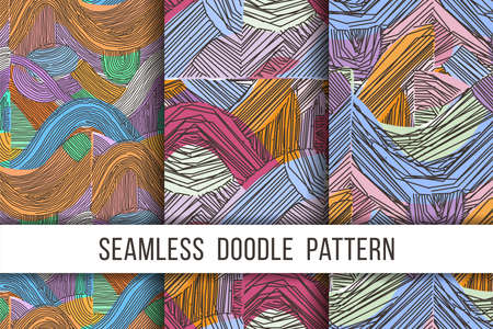 Set of vector seamless abstract pattern, curved lines, grunge boho background. Dynamical rippled surface, hipster curvatureのイラスト素材