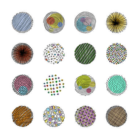 Artistic set of handcrafted design circle elements. Wavy line textures, paint dabs, abstract backgrounds for prints, poster templates, patternsのイラスト素材