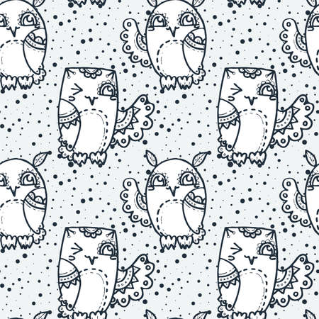 Vector seamless pattern with cute owls. Happy birds, doodle hipsters print. Stylish hand drawn graphic designのイラスト素材
