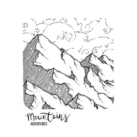 Mountain Adventures. Vector grunge hand drawn landscape. Sketch lined illustrationのイラスト素材