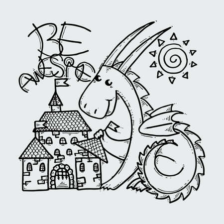 Be Awesome. Cute cartoon dragon with toy castle, doodle childish illustration.のイラスト素材