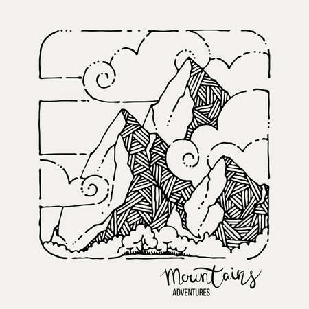 Mountain Adventures grunge hand drawn landscape. Sketch lined illustrationのイラスト素材
