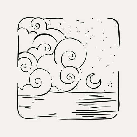 grunge hand drawn seascape. Sketch lined illustration with ocean and cloudsのイラスト素材