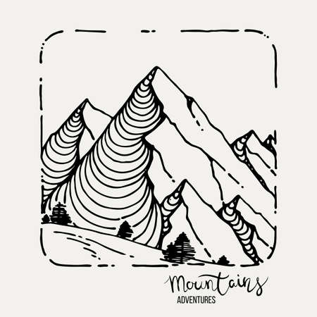 Mountain Adventures grunge hand drawn landscape. Sketch lined illustrationのイラスト素材