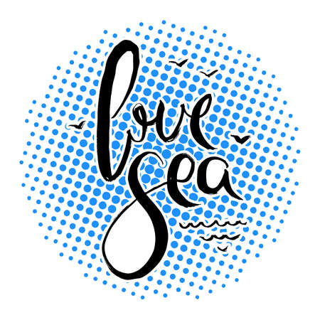 Love Sea. Hand lettering grunge card with textured handcrafted doodle letters in retro style. Hand-drawn vintage vector typography illustrationのイラスト素材