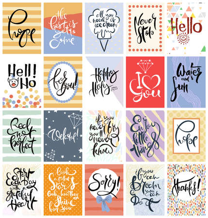 Hand drawn calligraphic card set. Vector illustration. Collection of flyers, brochures, templates. Design of scandinavian cards with lettering, patterns and ornaments.のイラスト素材