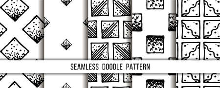 Set of seamless grunge doodle modern patterns. Geometry square fabric samples. Abstract vector illustrationsのイラスト素材