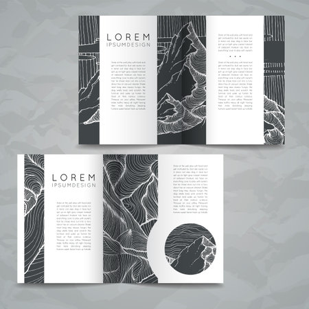 Set of doodle card templates with hand-drawn landscape elements and mountains. Stylish simple monochromatic ink design. Vector illustration. Poster template.のイラスト素材