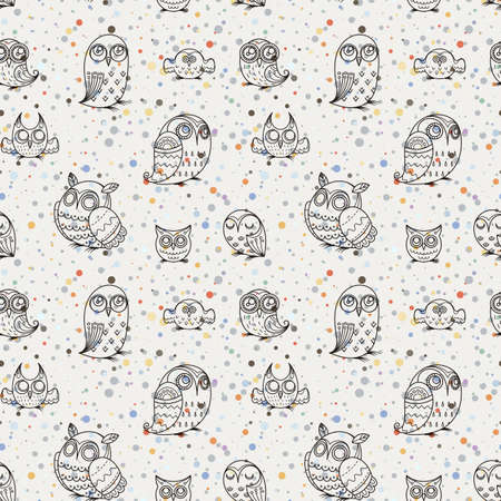 Seamless doodle owl pattern. Cute print for kids, scrap and other. Vector endless illustrationのイラスト素材
