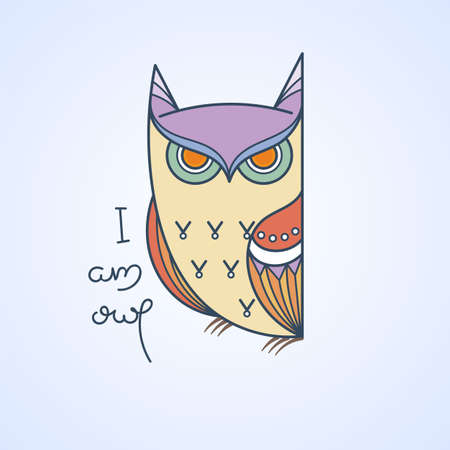 I am owl logo. Doodel isolated emblem design. Kids education symbol. Vector illustrationのイラスト素材
