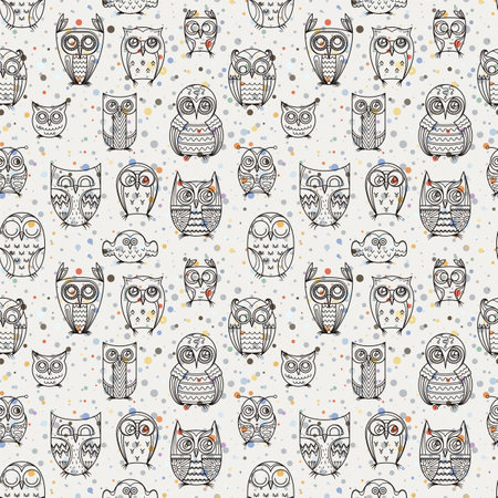 Seamless doodle owl pattern. Cute print for kids, scrap and other. Vector endless illustrationのイラスト素材
