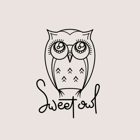 Sweet owl outline. Doodle isolated emblem design. Kids education symbol. Vector illustrationのイラスト素材