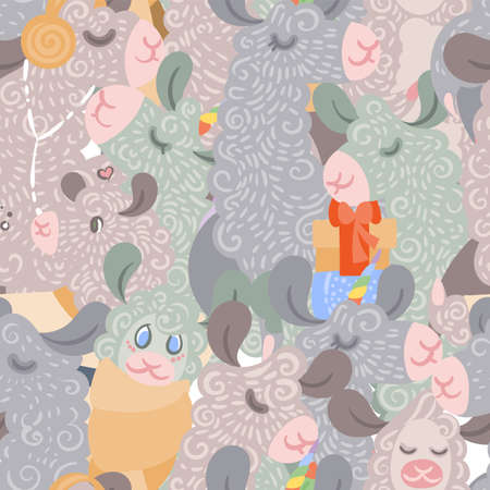 Seamless pattern with cute, curly llamas and alpacas. Vector illustration for children and adults printsのイラスト素材