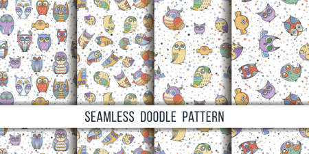 Set of seamless doodle owl patterns. Cute print collection for kids, scrap and other. Vector endless illustrationsのイラスト素材