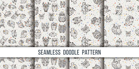 Set of seamless doodle owl patterns. Cute print collection for kids, scrap and other. Vector endless illustrationsのイラスト素材