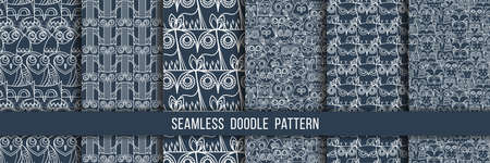Set of seamless doodle owl patterns. Cute print collection for kids, scrap and other. Vector endless illustrationsのイラスト素材