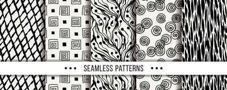 Cute collection of doodle hipster seamless patterns. Ornament set for your design, wallpaper, background, fabric textile. Vector illustrationsのイラスト素材