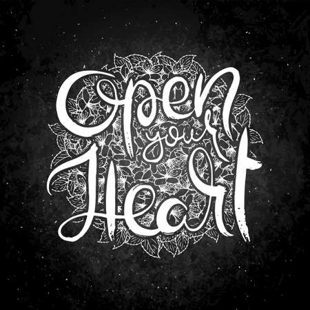 Open Your Heart. Hand lettering grunge card with flower background. Handcrafted doodle letters in retro style. Hand-drawn vintage vector typography illustrationのイラスト素材