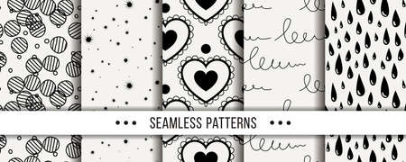Cute collection of doodle hipster seamless patterns. Ornament set for your design, wallpaper, background, fabric textile. Vector illustrationsのイラスト素材