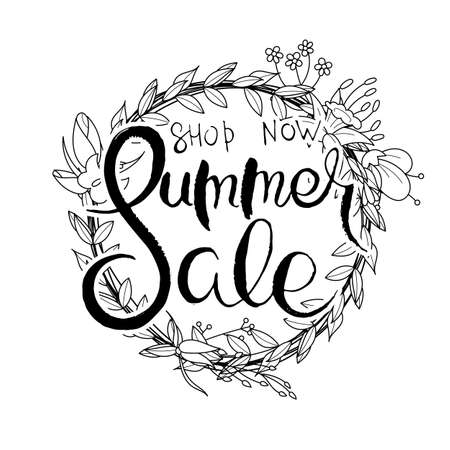 Shop Now. Summer Sale. Hand lettering grunge card with flower background. Handcrafted doodle letters in retro style. Hand-drawn vintage vector typography illustrationのイラスト素材