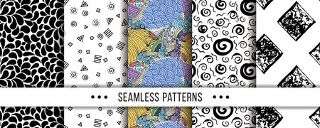 Set of seamless patterns with hand-drawn elements texture, abstraction illustration of black...