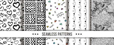 Set of seamless patterns with hand-drawn elements texture, abstraction illustration of black silhouette on white background. Vector collectionのイラスト素材