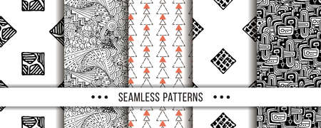 Set of seamless patterns with hand-drawn elements texture, abstraction illustration of black silhouette on white background. Vector collectionのイラスト素材