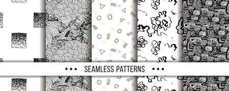 Set of seamless patterns with hand-drawn elements texture, abstraction illustration of black silhouette on white background. Vector collectionのイラスト素材