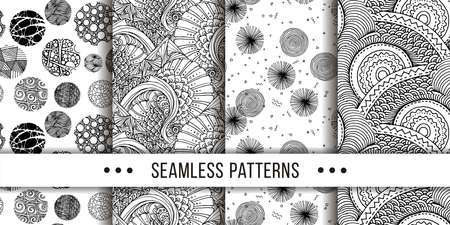 Set of samless ornate, doodle hand-drawn abstract patterns. vector illustration. Ink sketch texture, rough hatching drawing imageのイラスト素材