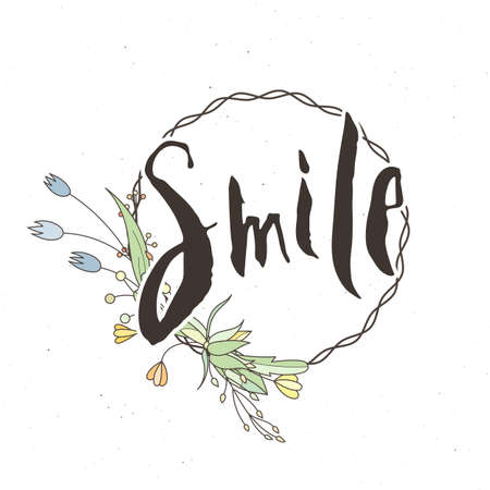 smile. Hand lettering grunge card with flower background. Handcrafted doodle letters in retro style. Hand-drawn vintage vector typography illustrationのイラスト素材