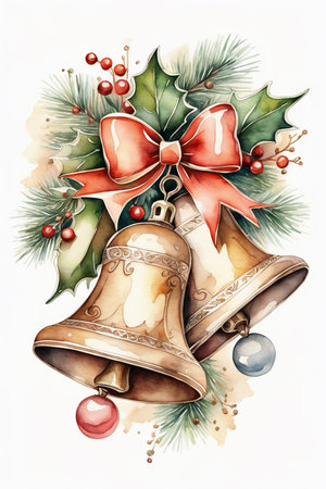 Watercolor Christmas and New Year illustration with bells and holly.の素材
