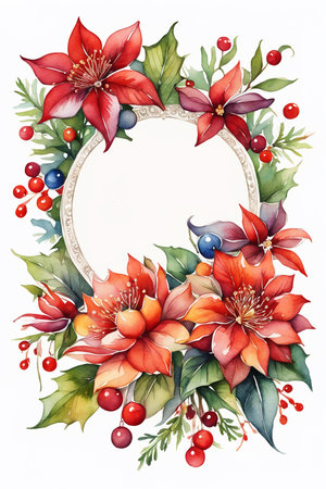 Christmas wreath with poinsettia and berries. Watercolor illustration.の素材