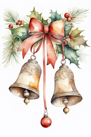 Christmas bells with holly and mistletoe. Watercolor illustration.の素材