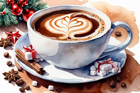 Cup of coffee with latte art and christmas decoration on white backgroundの素材