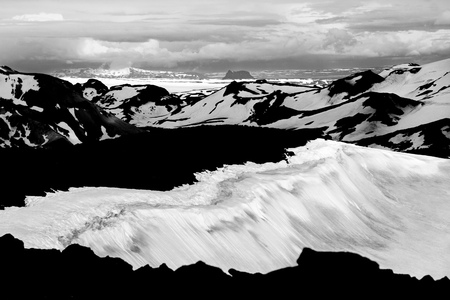 View from Ok Vulcano to the snowfields of Thorisdalur. Iceland.の写真素材