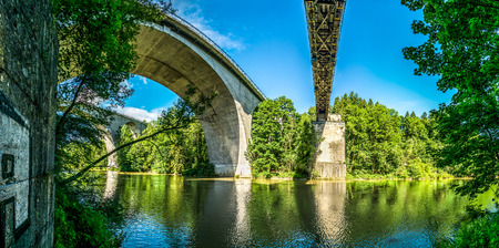 Three huge bridges across the large Iller River in Kempten, Germany.の写真素材