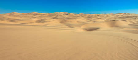 Panoramic view of gig sand dunes landscape with skid marks. Desert and beach sand in Africa, Namib desert, Namibia, near Walvis Bay, Swakopmund.の写真素材