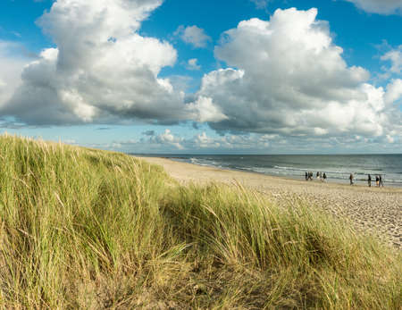 Beach sand with group of people walking at coastline. Blue sky and dramatic clouds at waterfront in soft evening sunset light. Hvidbjerg Strand, Blavand, North Sea, Denmark.の写真素材