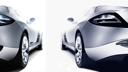 Back of two silver sport cars on the white backgroundの写真素材