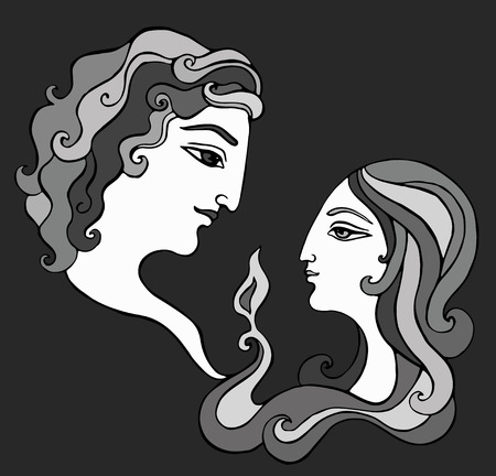 Beautiful romantic female and male silhouette of a head with fire in the middle. To marriage agencies, event decoration, weddings and bridal shops.のイラスト素材