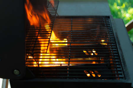 Fire burning under the grill grate, a small part of the green lawn. High quality photo