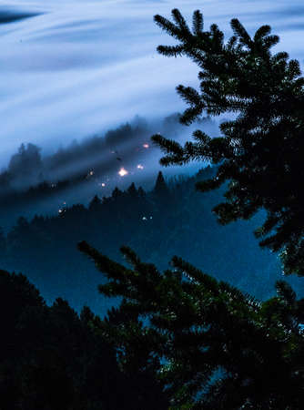 Long exposure photograph of fog moving over trees and houses. Taken at night with full moon.の写真素材