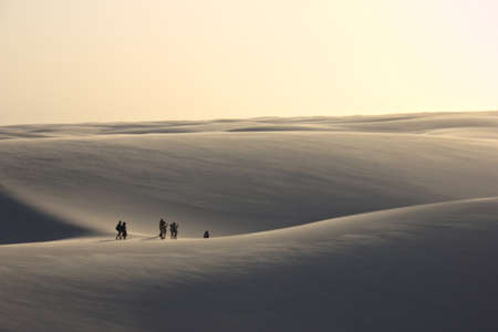 A group of people walking during sunset on dunes leaving footprintsの写真素材