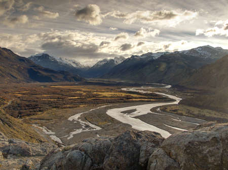 Panoramic view from the Vueltas river in El Chalten, Argentinaの写真素材