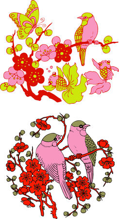 classic Chinese tree bird emblem のイラスト素材